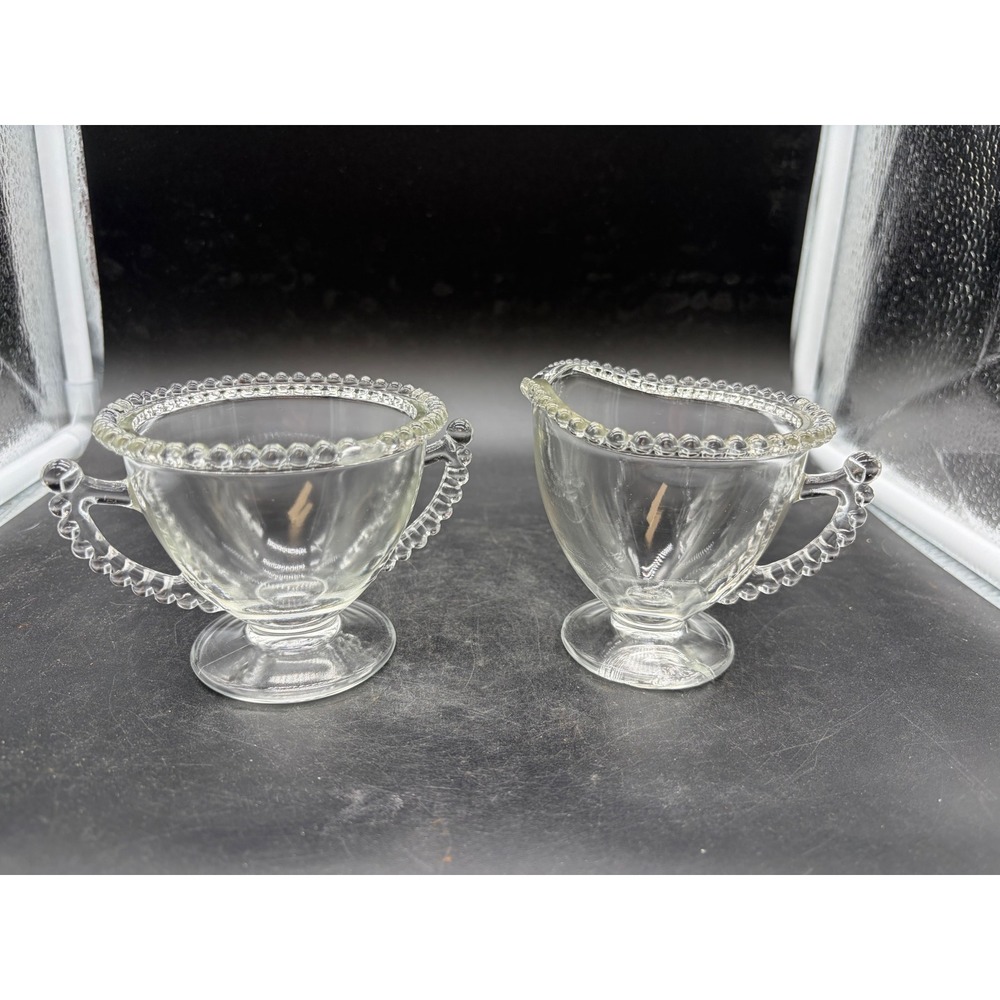 Vintage Anchor Hocking Wexford Clear Glass Creamer and Sugar Bowl Set Beaded Rim